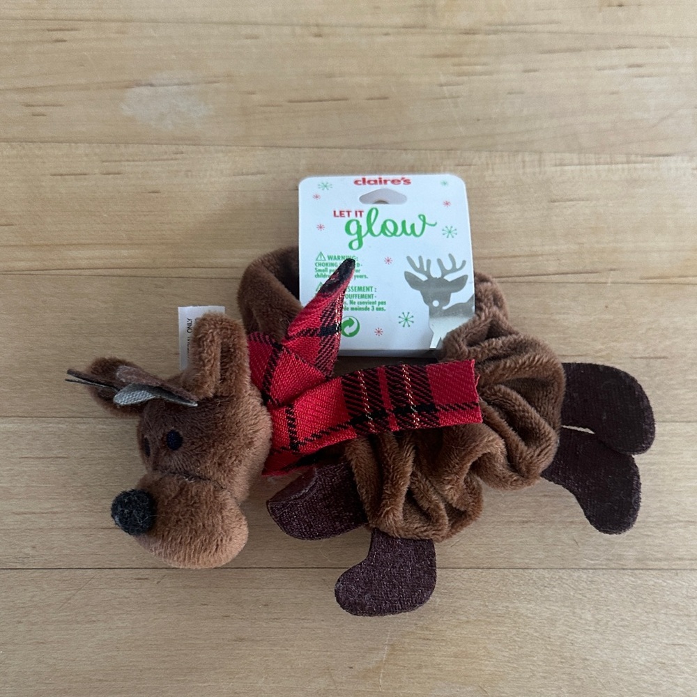 Claire's Festive Reindeer Scrunchie with Red Plaid Bow